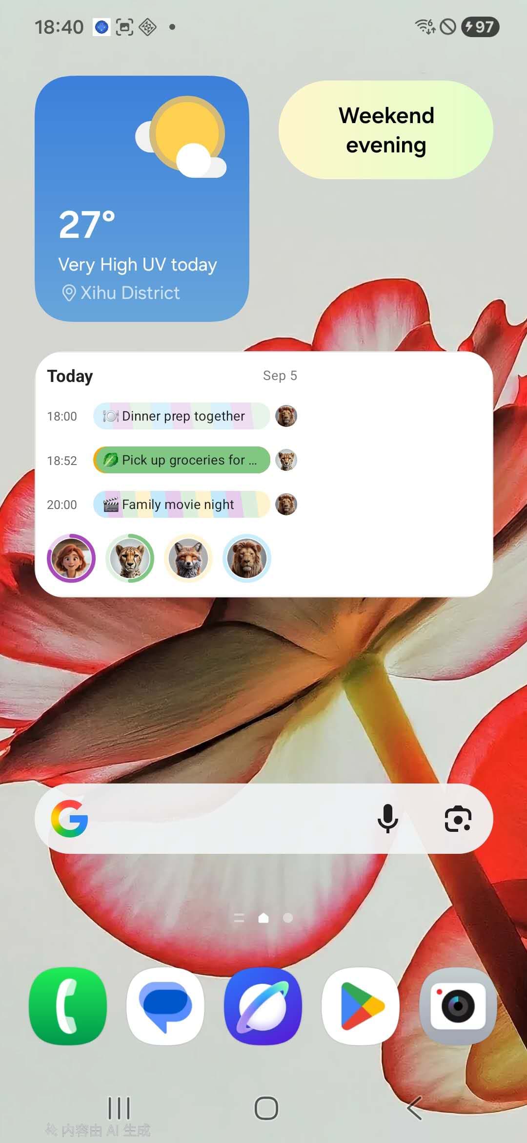 Kinmory Android widget showing today's three family priorities