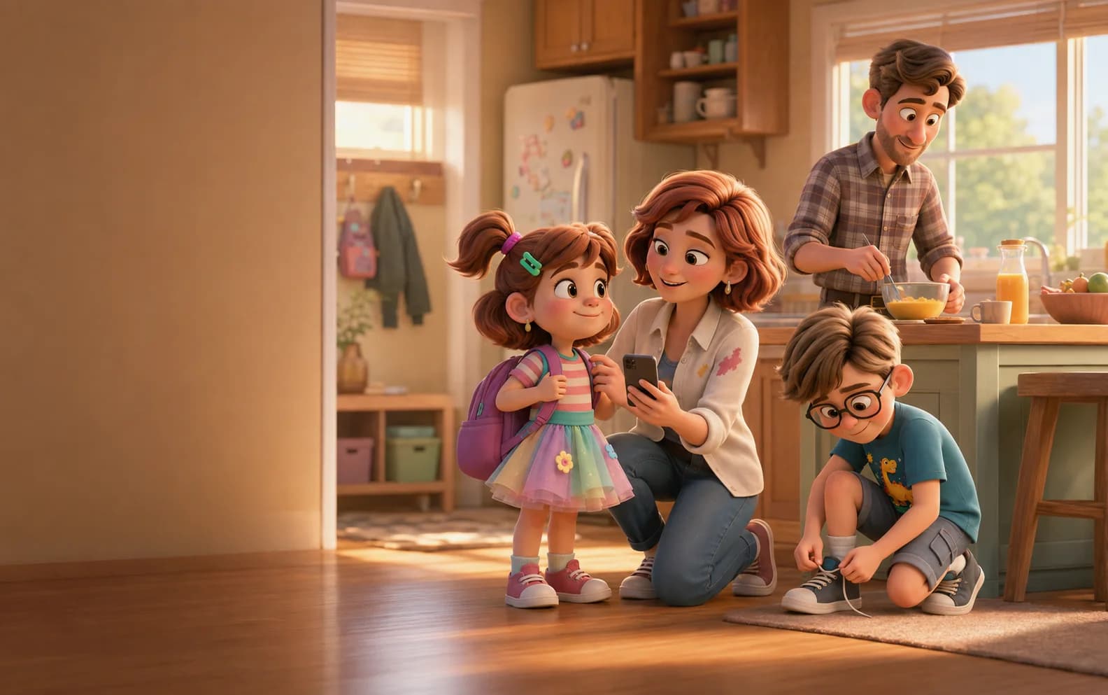Claire, Greg, Doudou and Lily starting their day with Kinmory