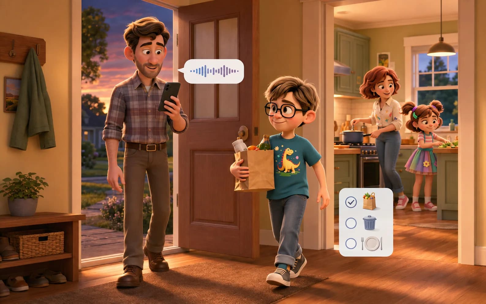 Greg speaks a family task while Doudou returns with groceries