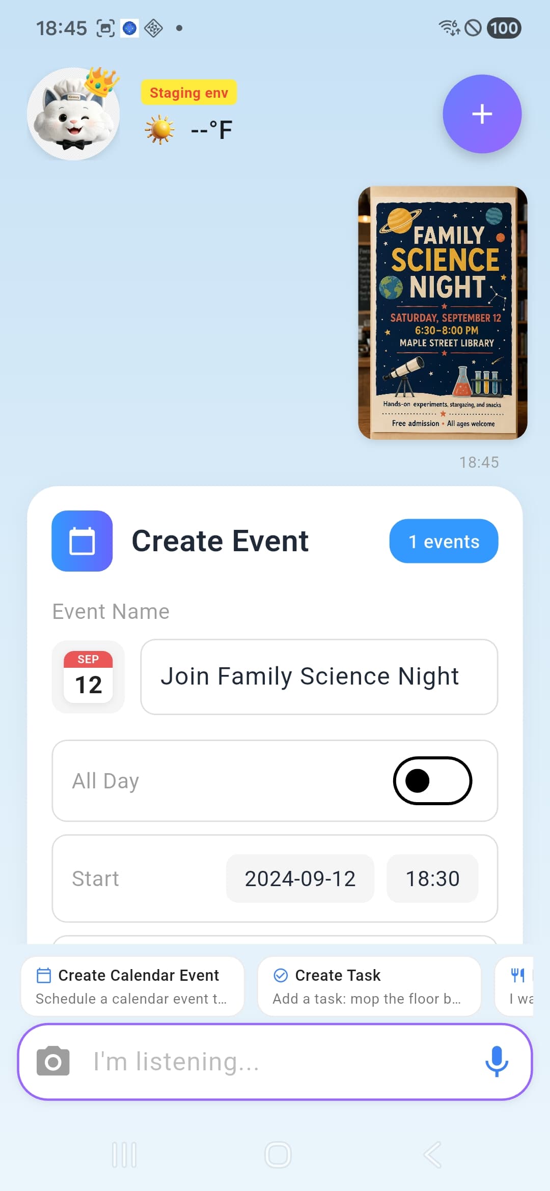 Kinmory extracting an event from a photographed Family Science Night flyer