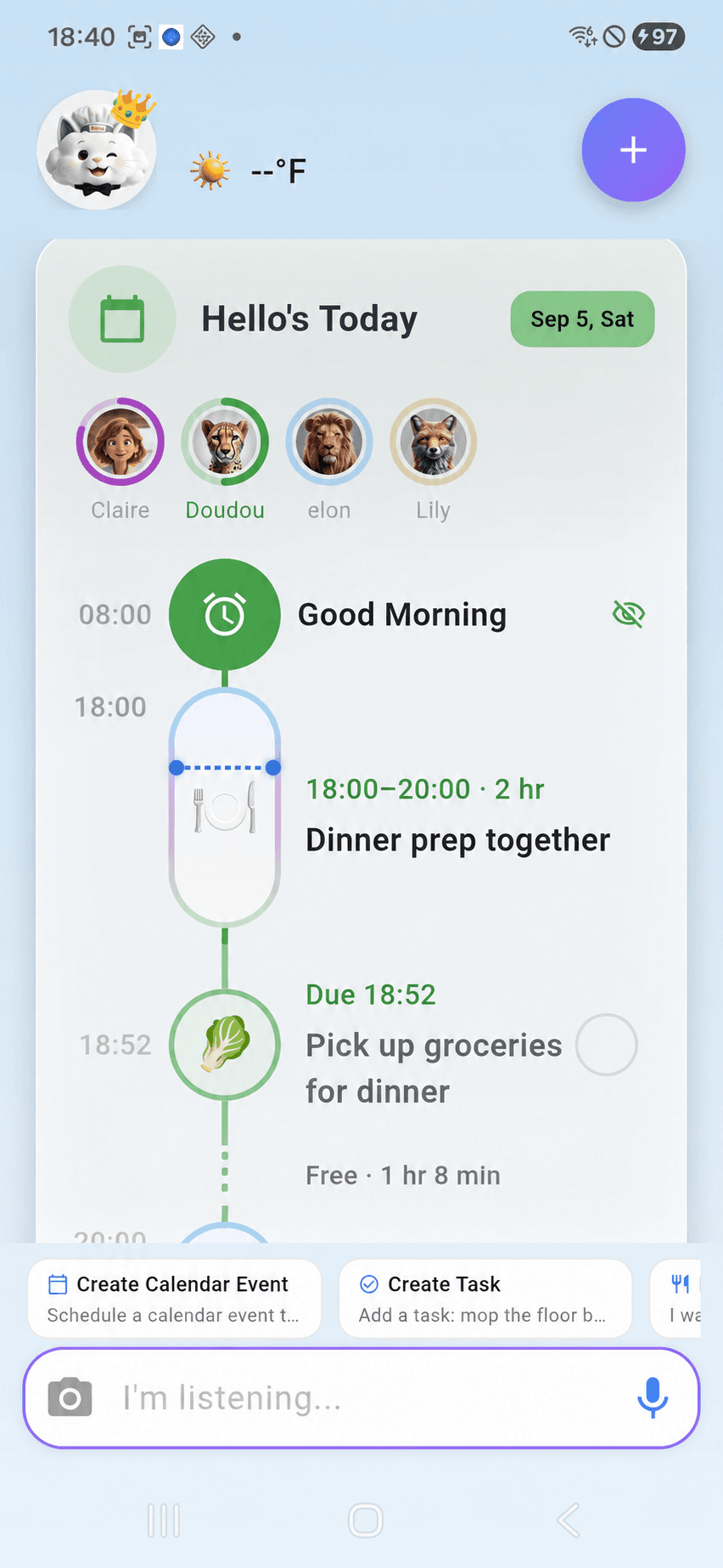Kinmory Today Timeline with family calendar events and tasks