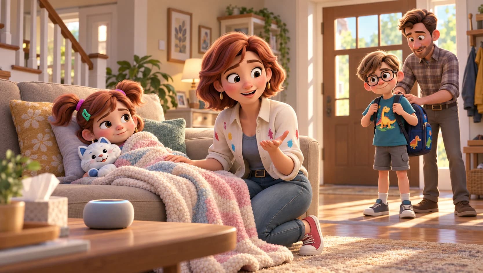 Claire cares for an unwell Lily while Greg helps Doudou prepare for school