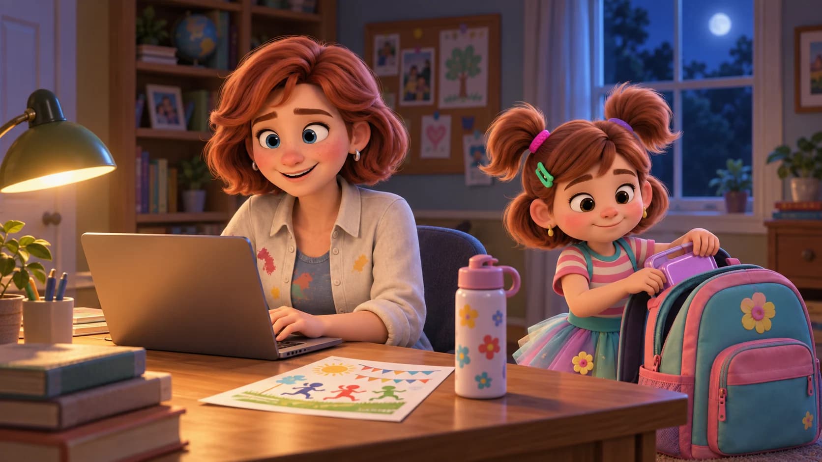 Claire reviews school information while Lily packs her school bag in the family study