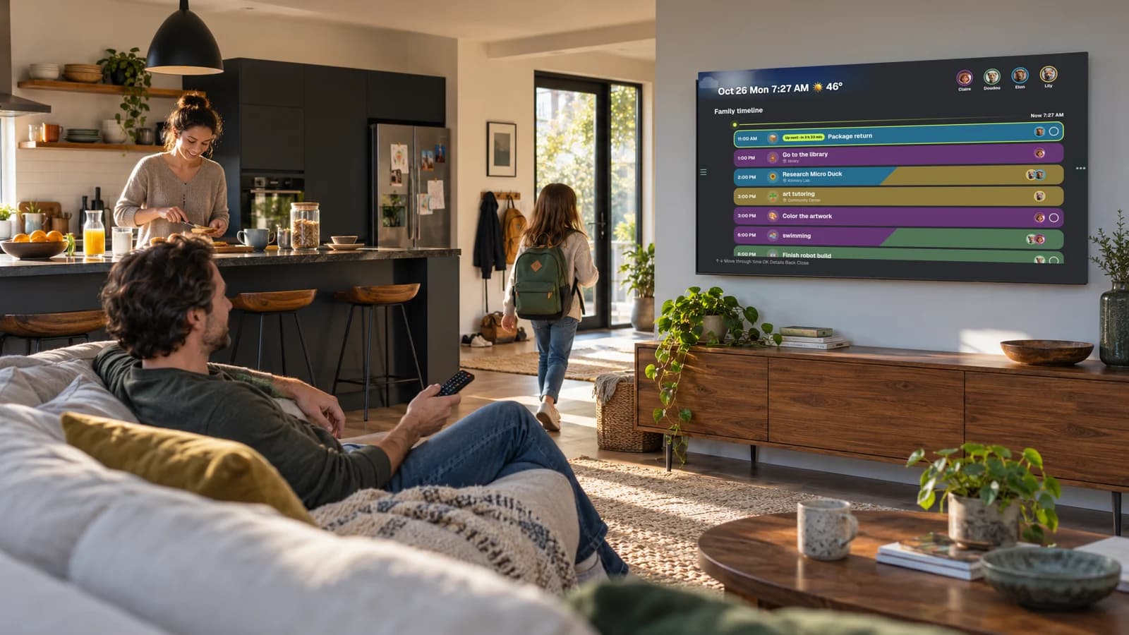 A family using KinTV as a shared family calendar on their television