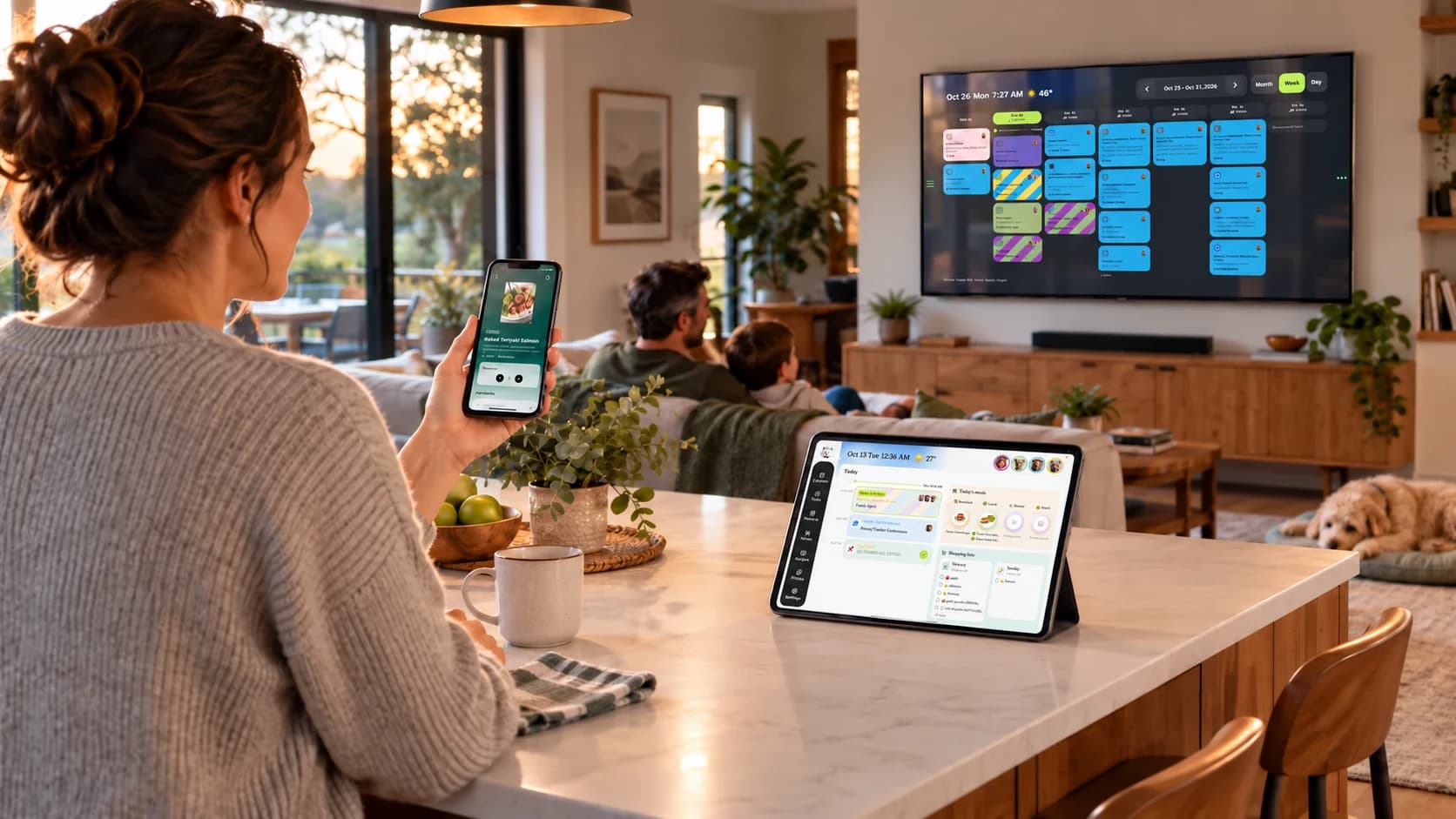 Kinmory family organizer across a phone, KinCals tablet and KinTV television