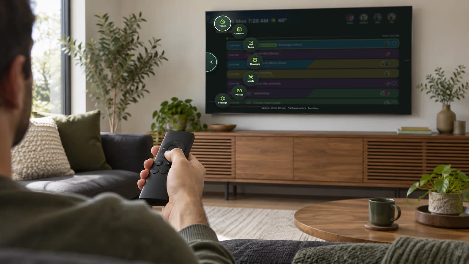 A person navigating KinTV with a television remote