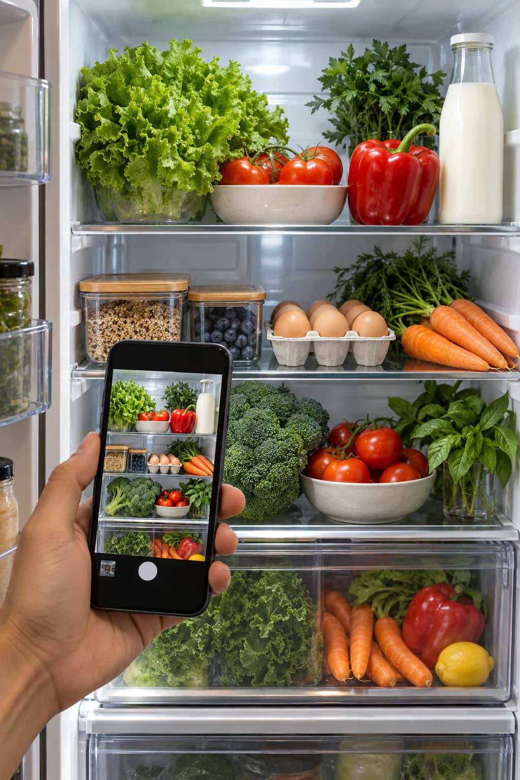 Ein Smartphone fotografiert Zutaten in einem geöffneten Kühlschrank