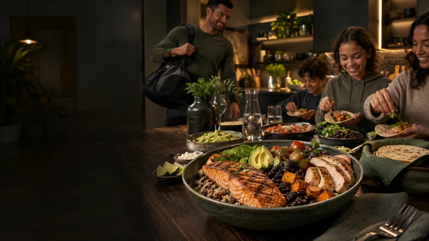 A family shares salmon, chicken and vegetable dinner in a warm kitchen as someone arrives home with a gym bag.