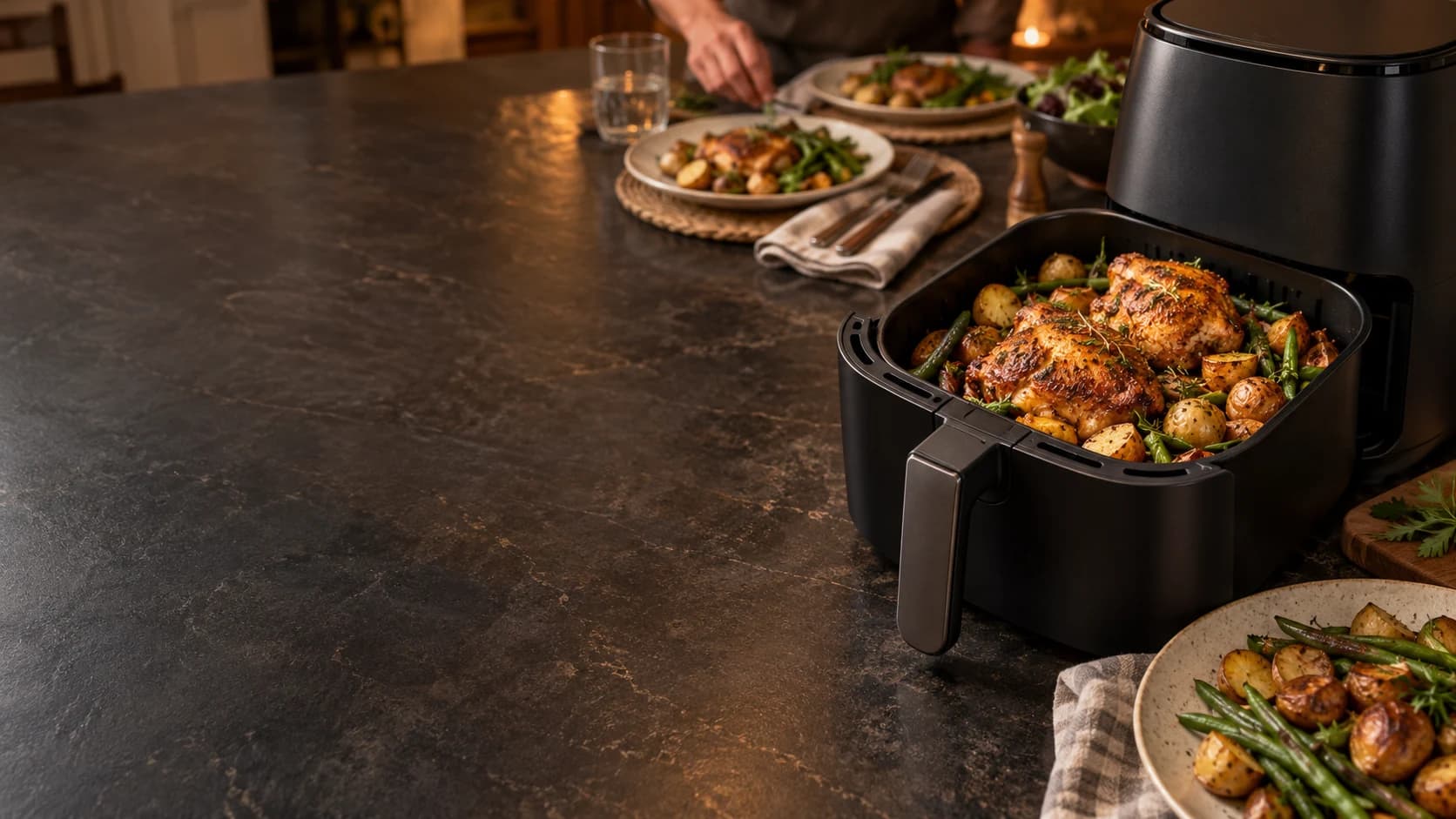 A single-basket air fryer prepares chicken, potatoes and green beans for family dinner.