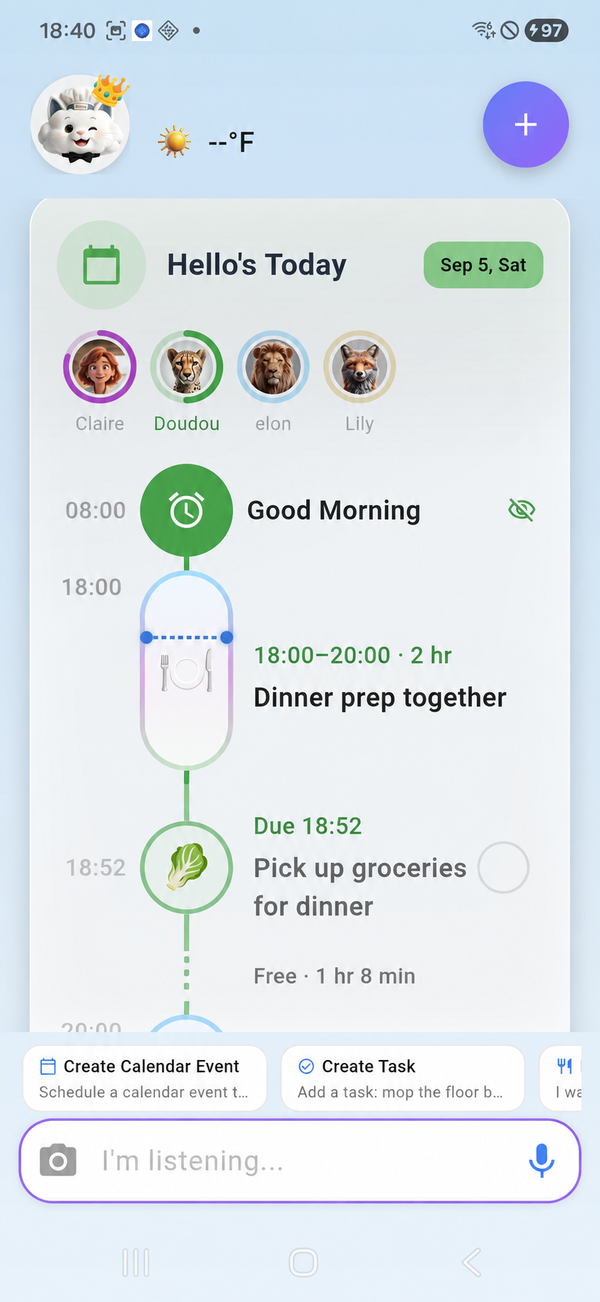 Kinmory mobile Today timeline showing family calendar events and tasks