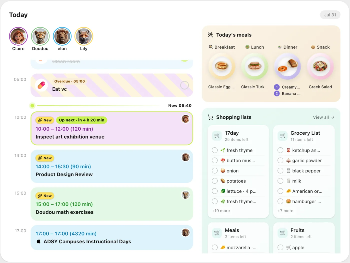 Kinmory-Familien-Dashboard mit heutigem Zeitplan, Mahlzeiten und Einkaufslisten auf einem Tablet