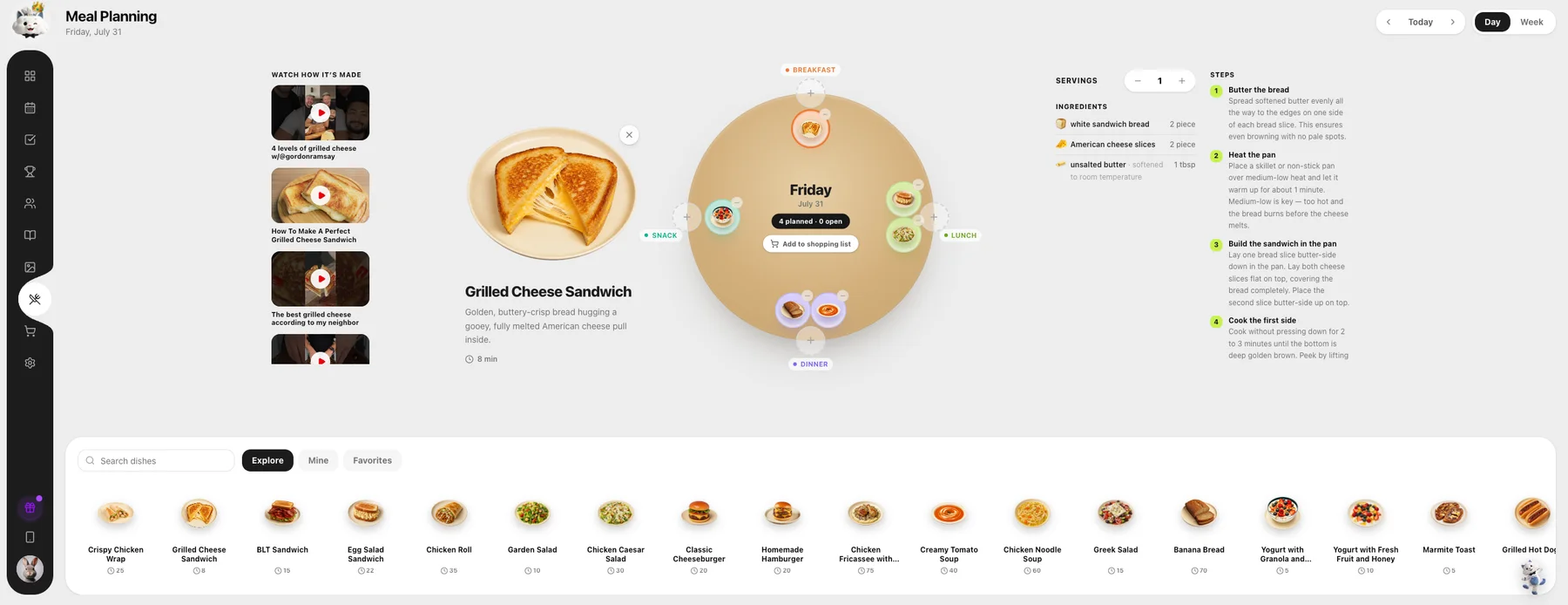 Kinmory meal-planning workflow with a recipe and an add-to-shopping-list action