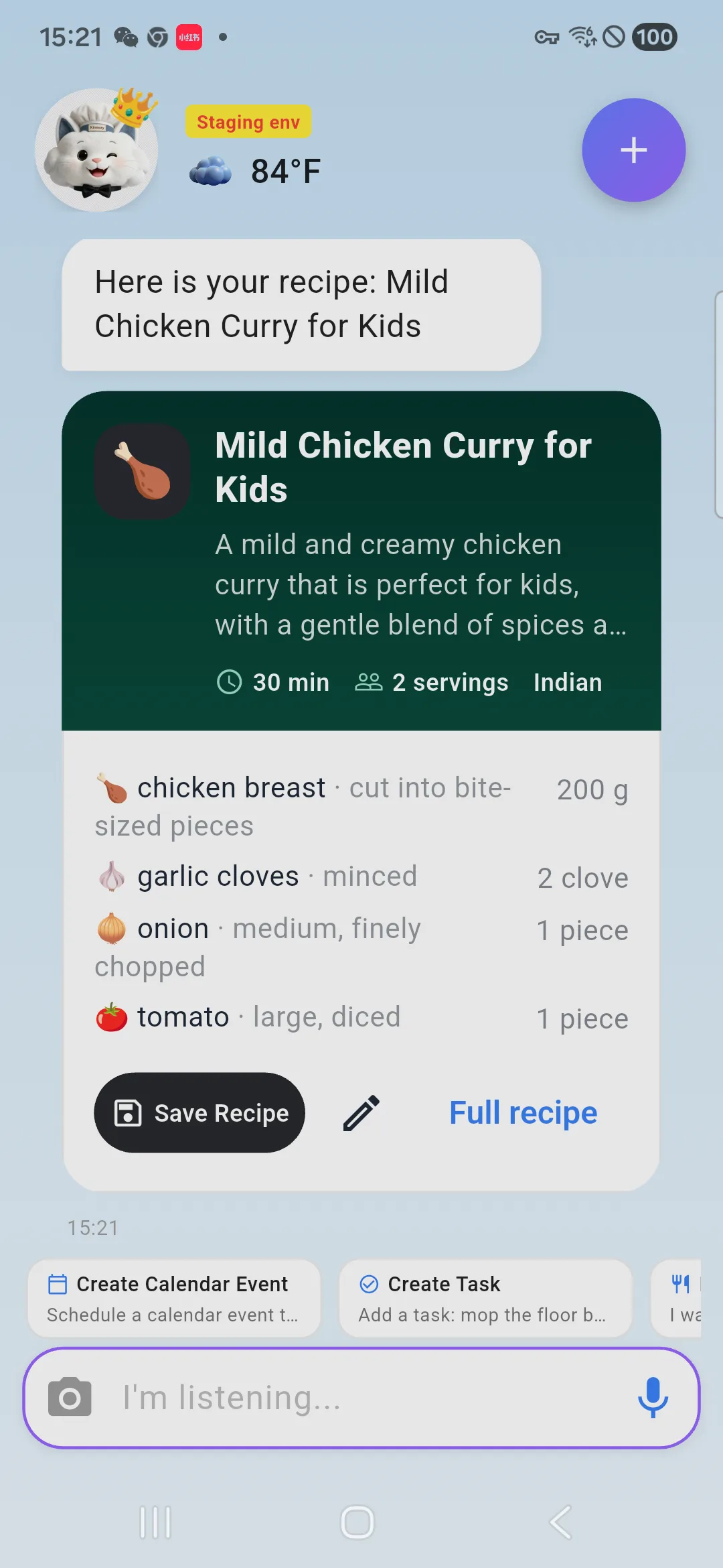 The AI-generated Mild Chicken Curry for Kids recipe in Kinmory