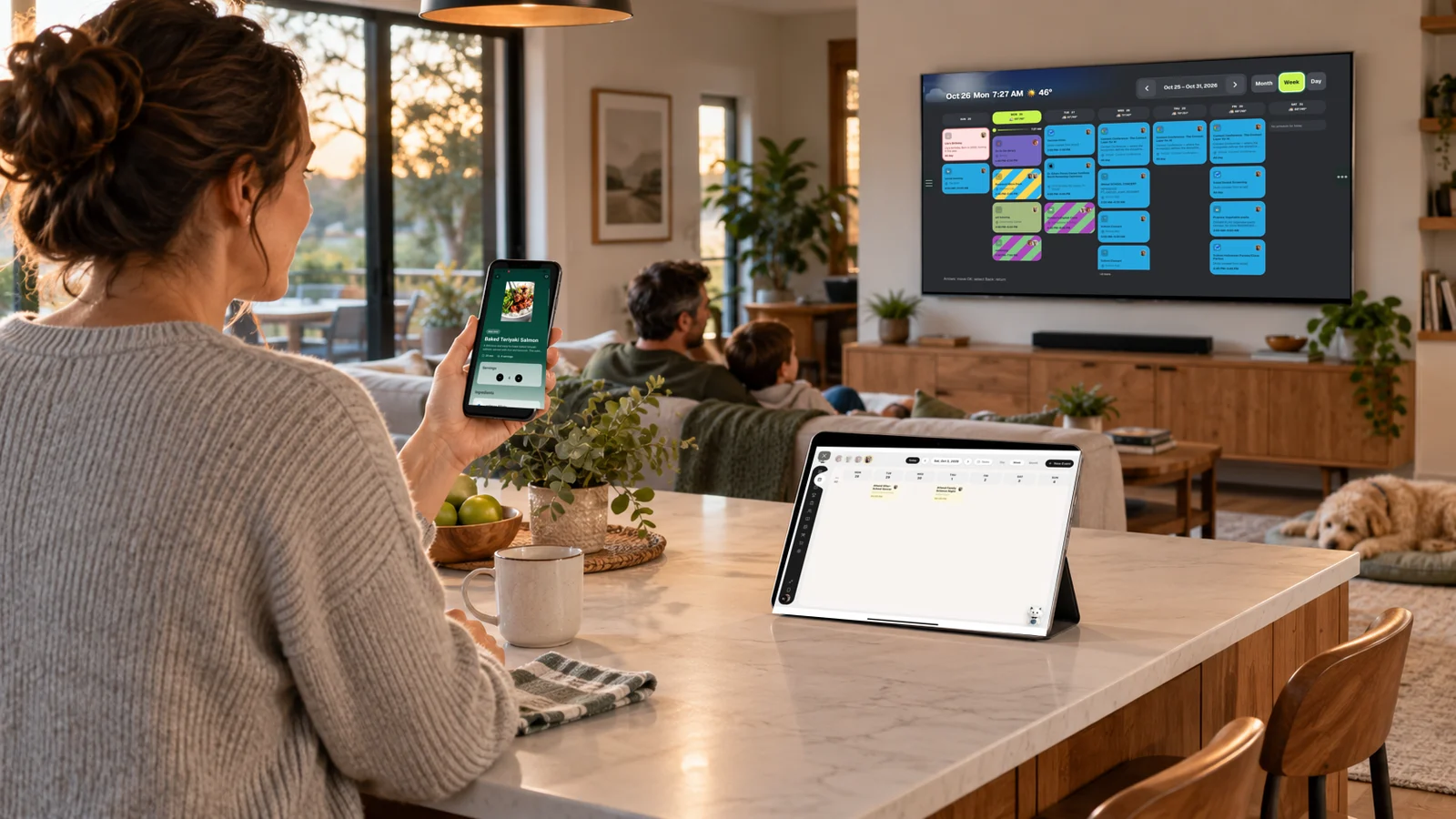 Kinmory family organizer shown across a phone tablet and television