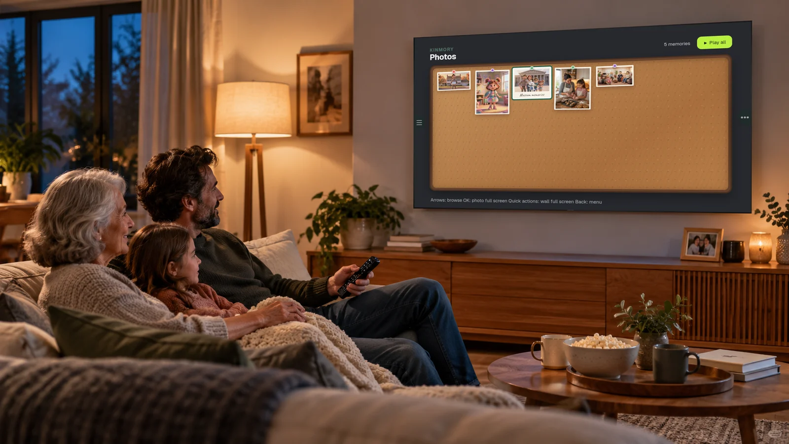 A multigenerational family viewing shared Kinmory photos together on KinTV