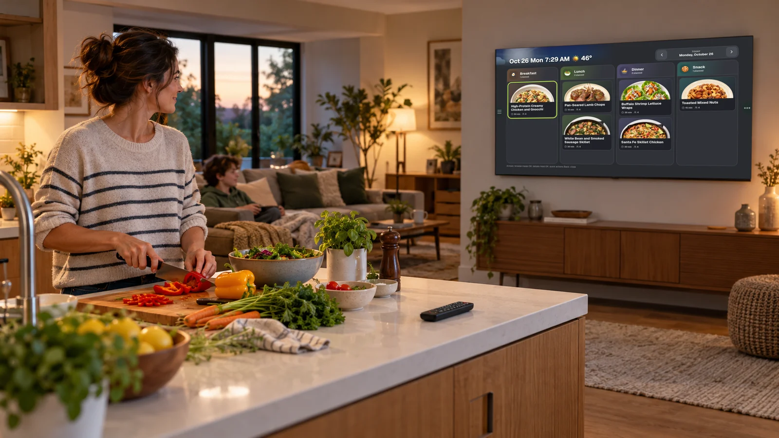 A parent checking the KinTV meal plan while preparing dinner in an open-plan kitchen