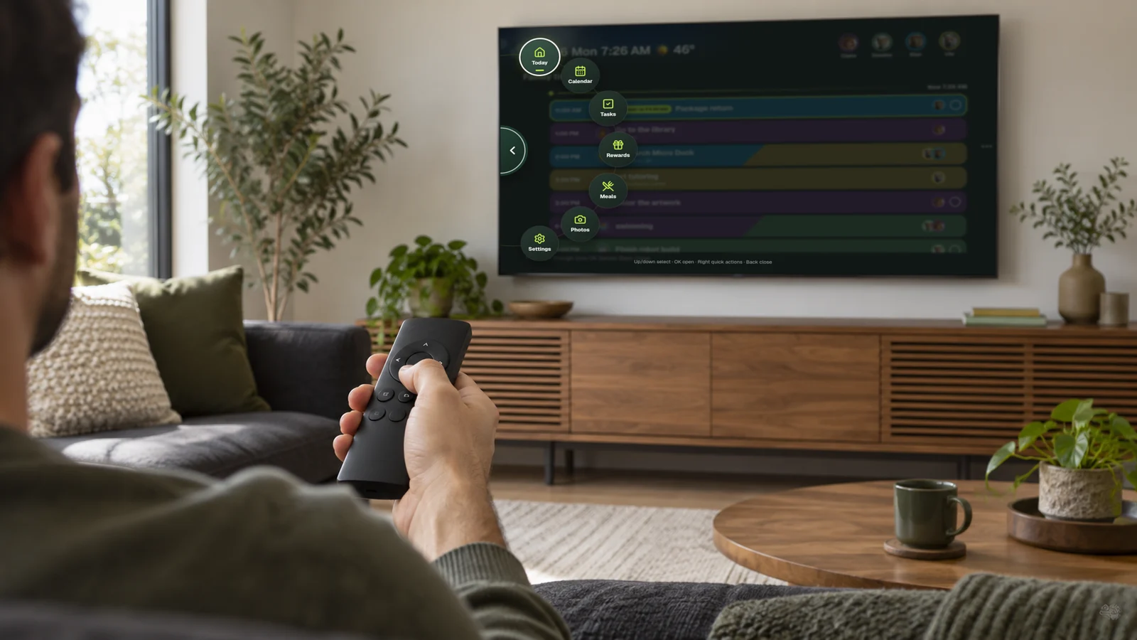 A person navigating the KinTV family calendar with a television remote