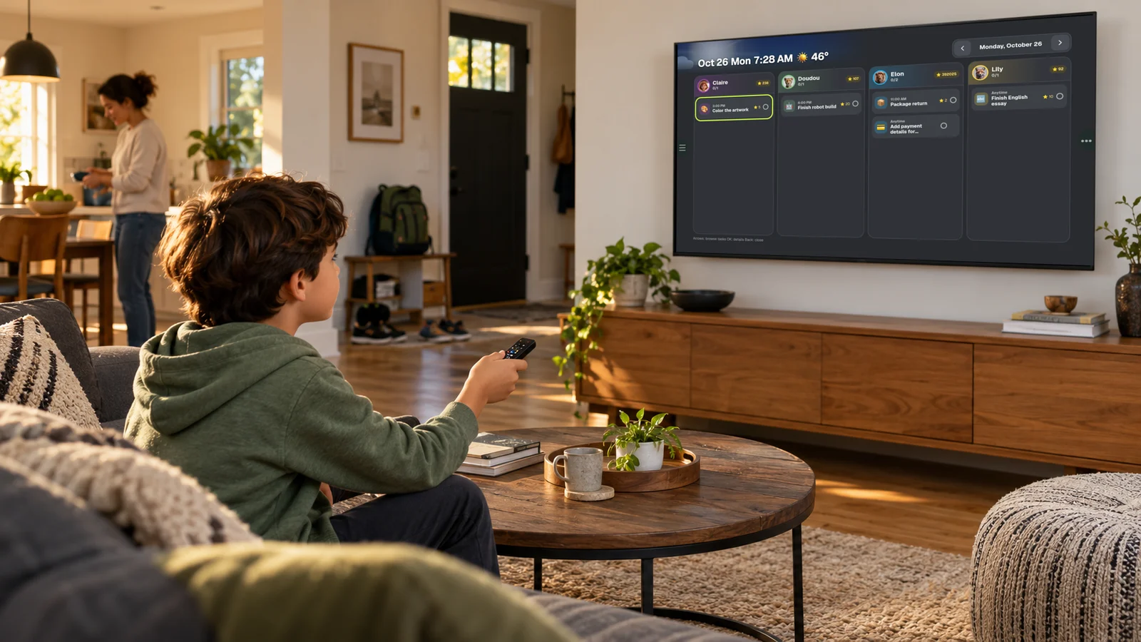 A child checking assigned family tasks and rewards on KinTV after school