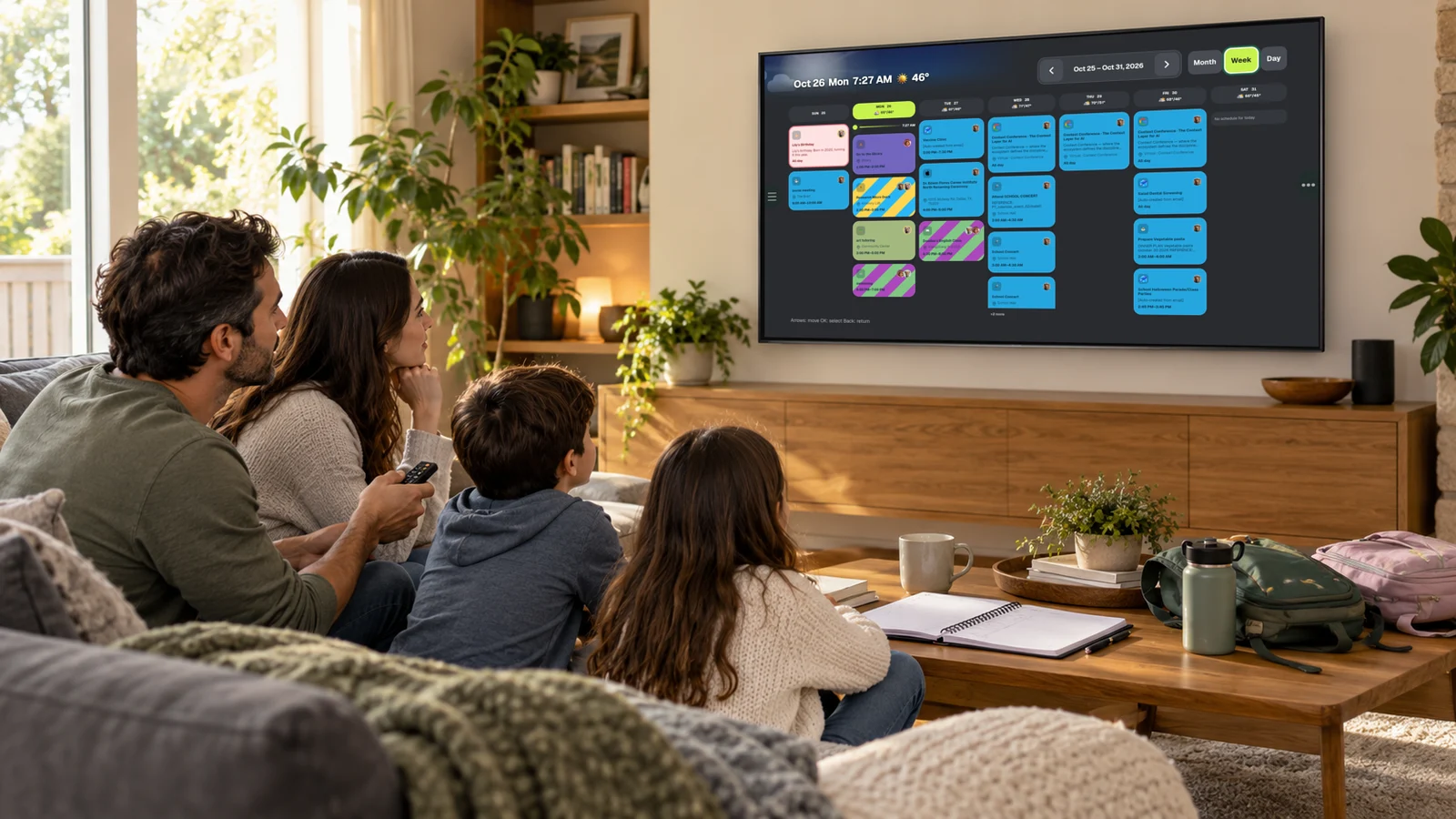 A family planning the week together with a color-coded KinTV calendar on their television