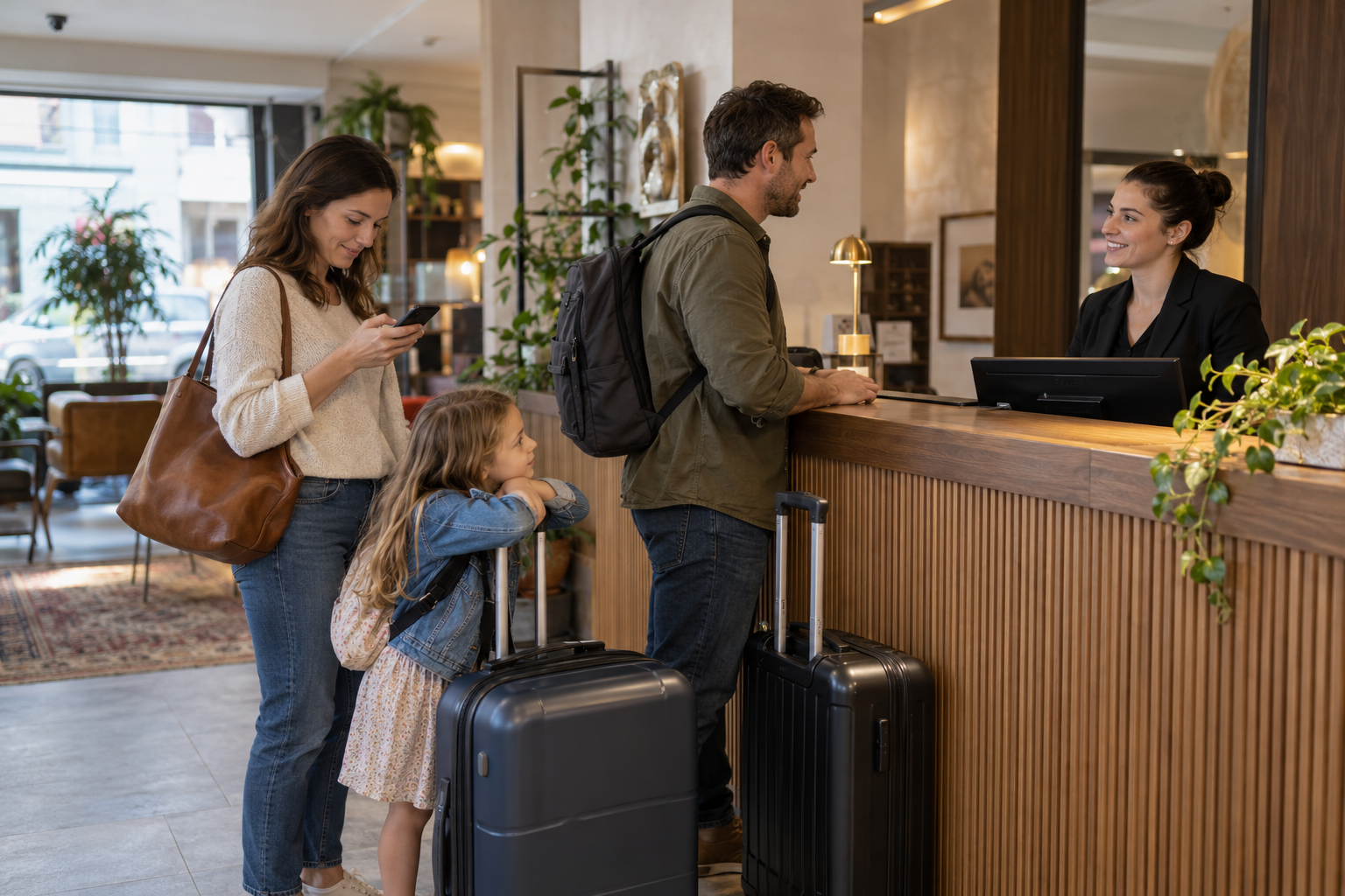 A family checks into a hotel with their luggage; one parent checks her phone while the other speaks with the receptionist.