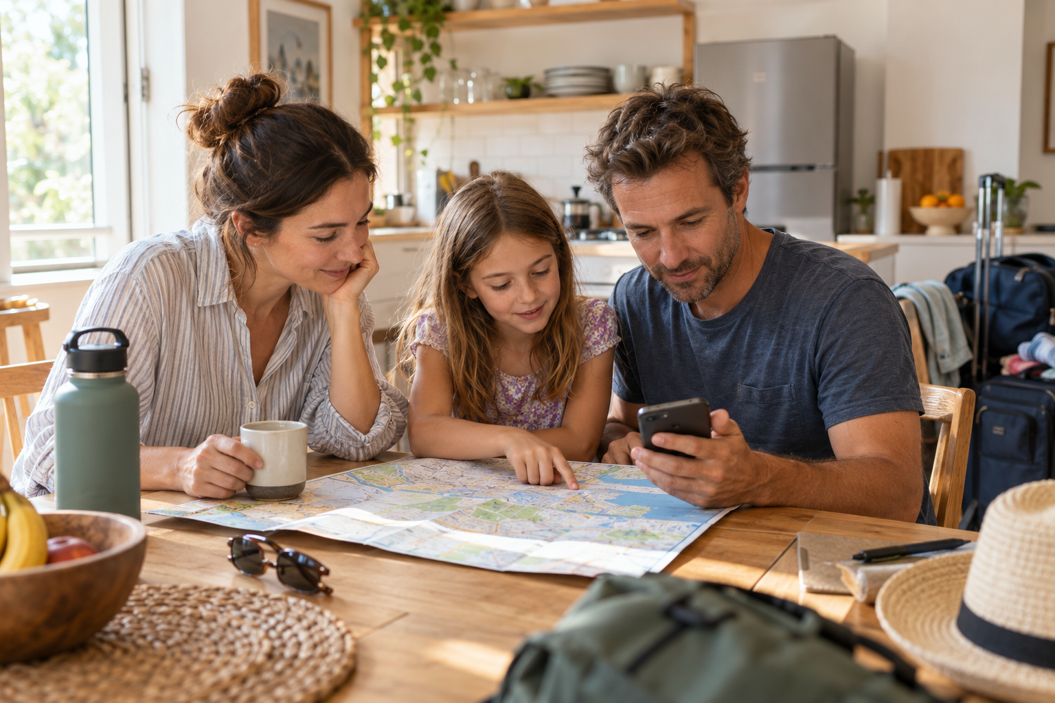 Two parents and their daughter look at a paper map and phone together at the table in their vacation rental kitchen.