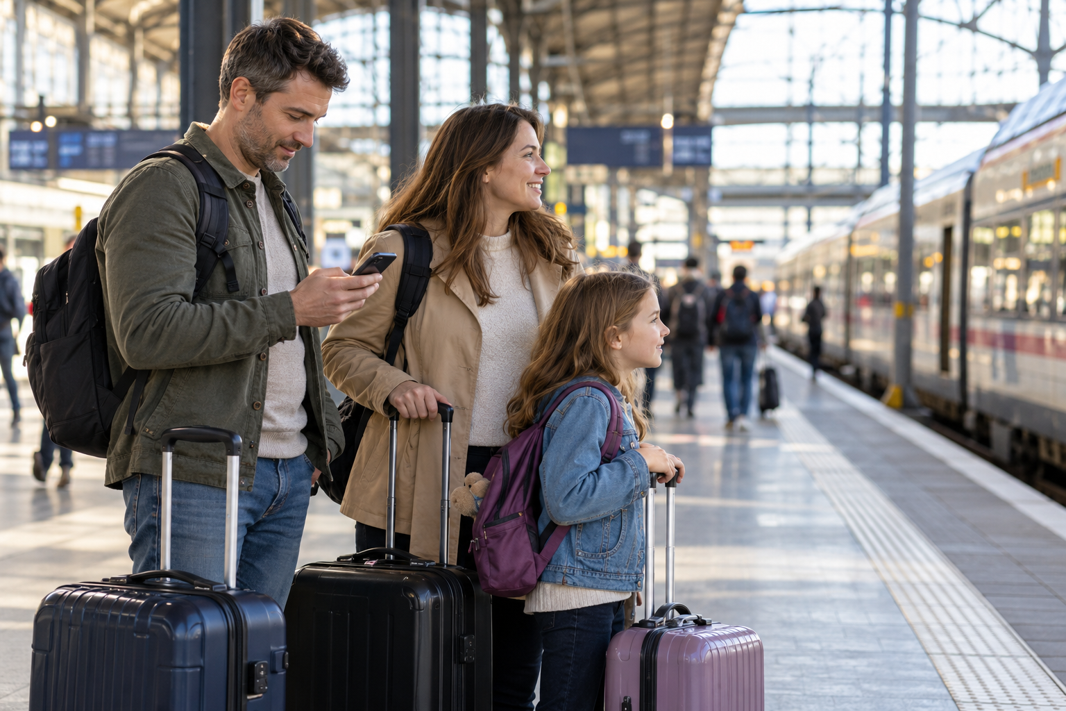 A family waits with their luggage at a train station while one parent checks a phone and the other parent and child look toward the platform.