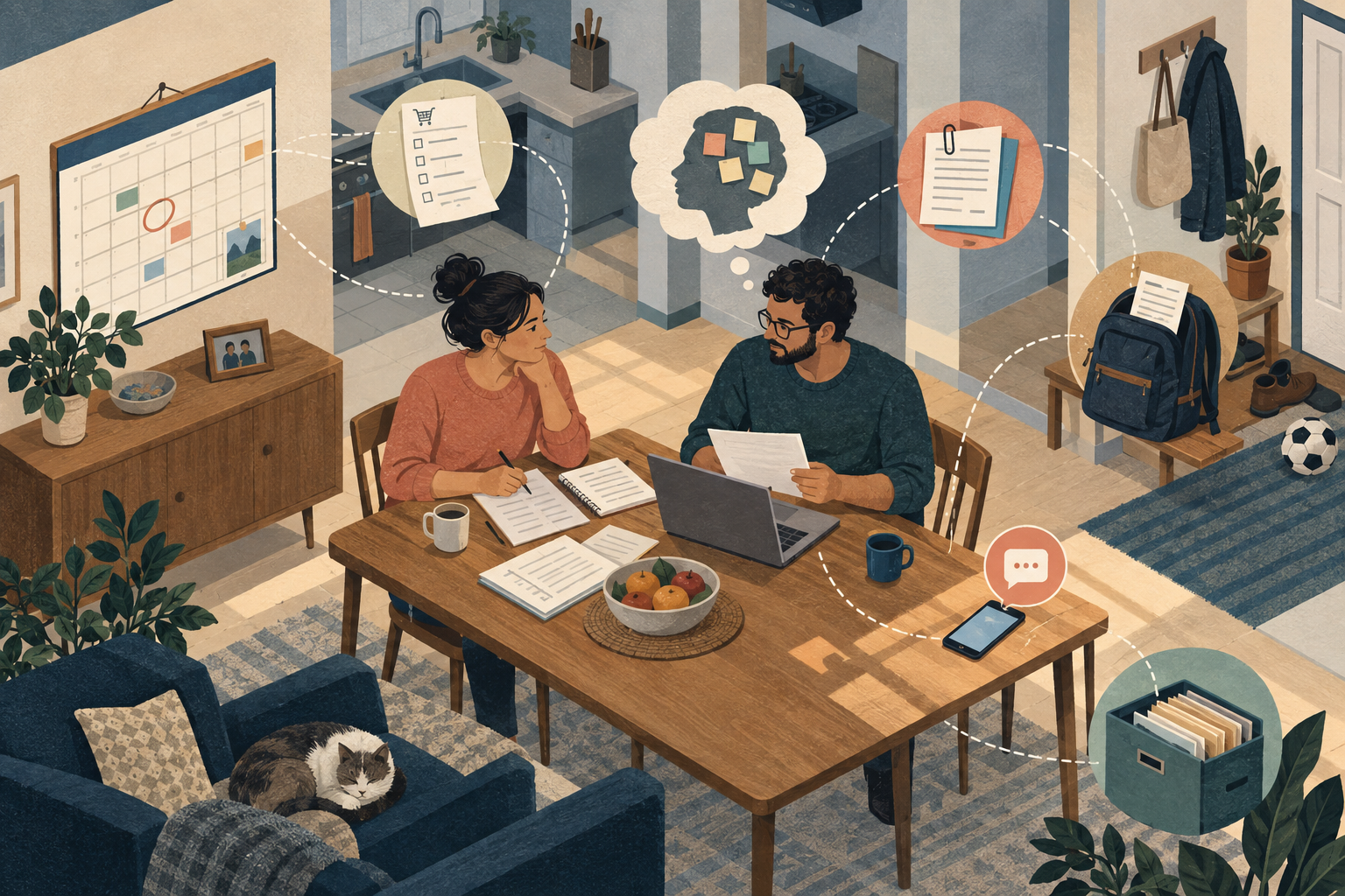 Dos adultos coordinan información del hogar en una mesa de cocina, mientras un calendario, un formulario en papel, un mensaje del teléfono, un documento en una mochila, archivos y detalles recordados permanecen distribuidos por la casa.