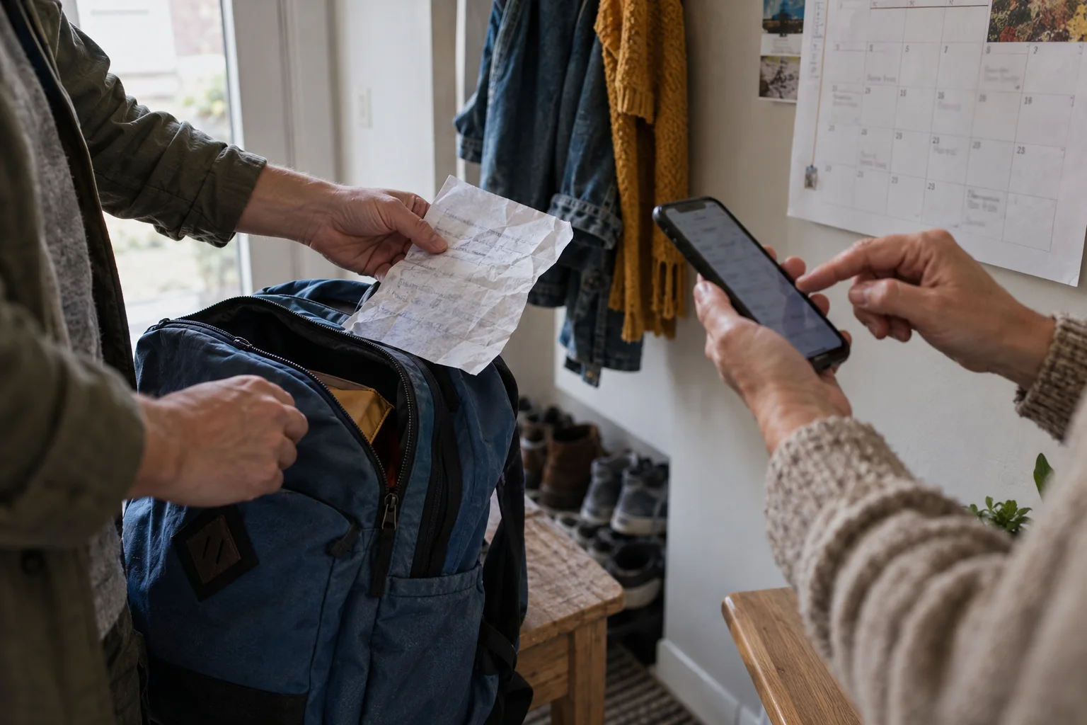 Se saca un aviso arrugado de una mochila mientras otra persona introduce la información en un teléfono junto a un calendario de pared.