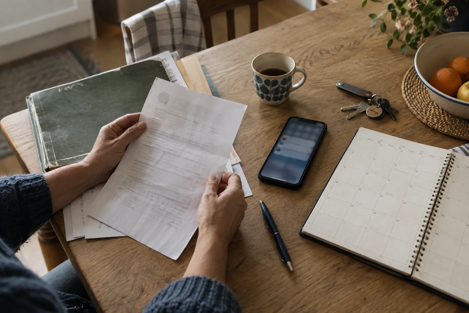 Unas manos ordenan un aviso de papel en una mesa de cocina junto a un teléfono, una carpeta, llaves, una taza y un calendario.