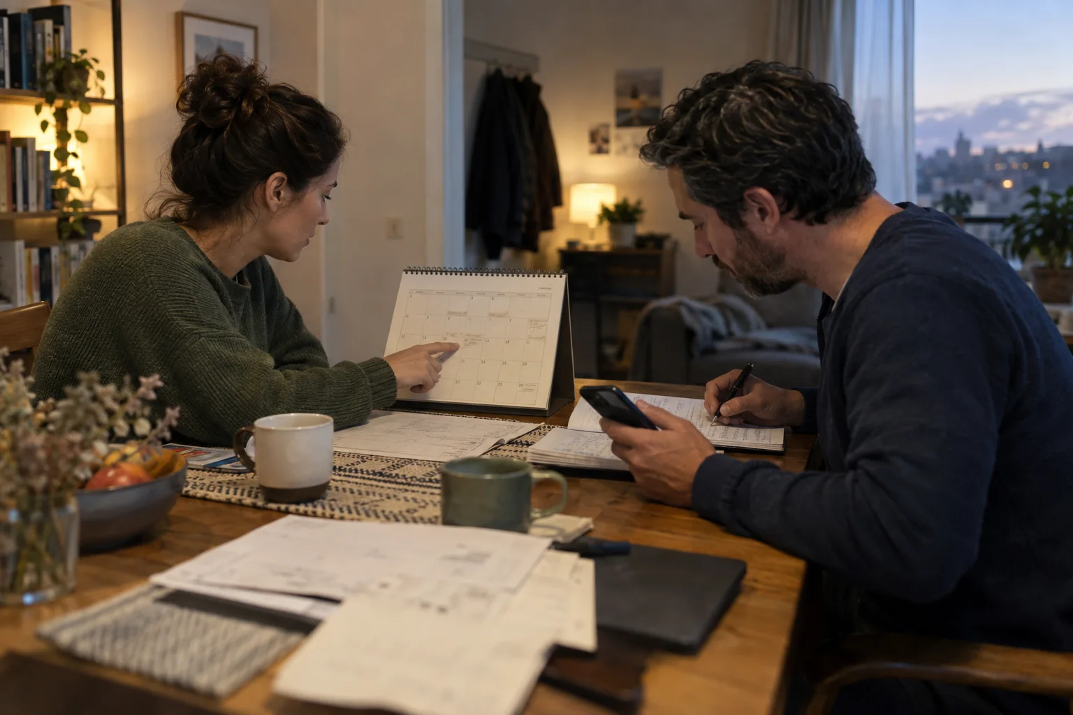 Dos adultos comparan un calendario de papel, notas manuscritas y un teléfono en una mesa.