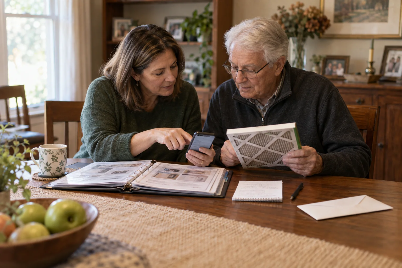 An adult and an older family member verify an appliance filter using a phone and household reference binder while a private envelope remains separate.