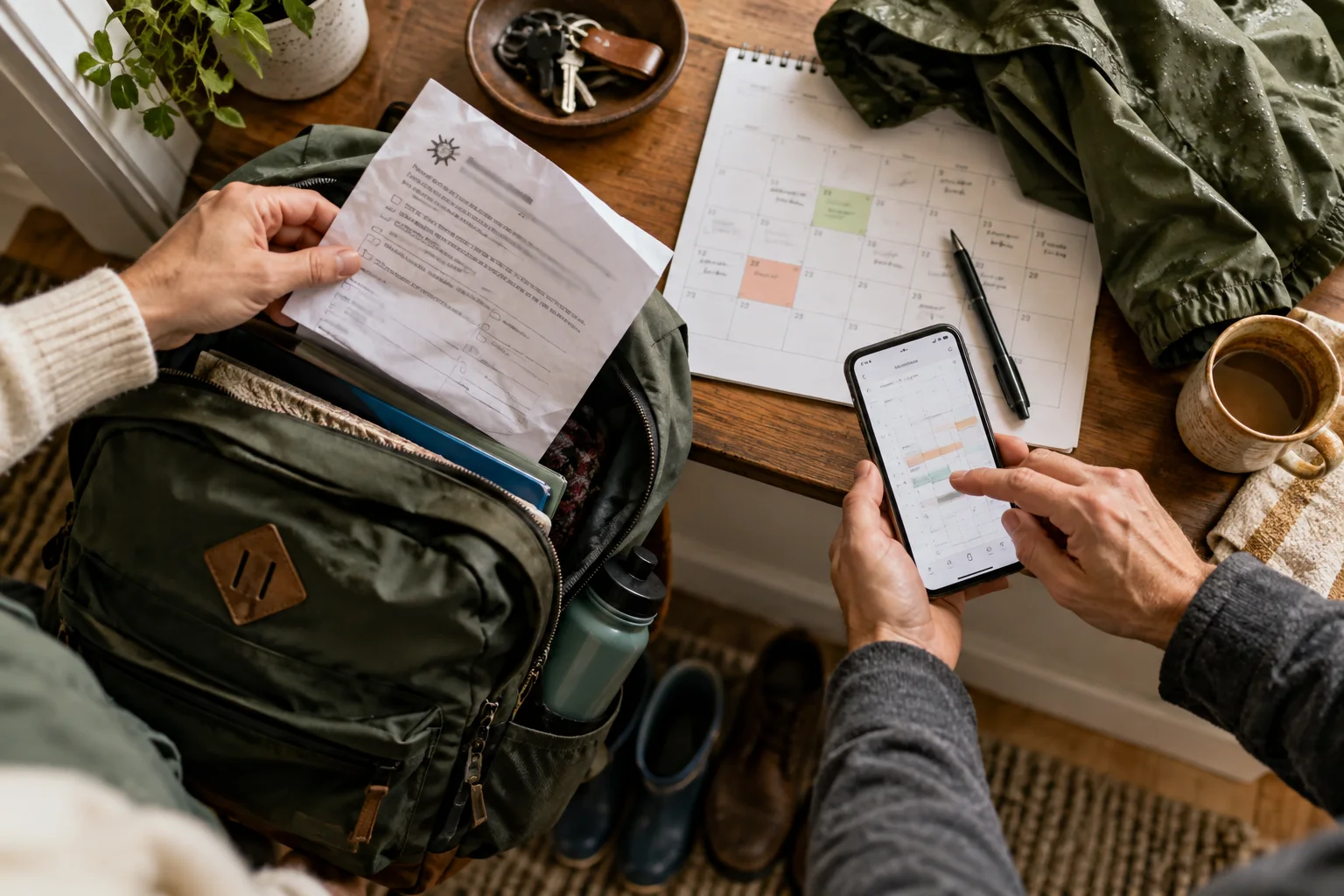One adult retrieves a paper notice from a child’s backpack while another transfers the information to a phone beside a household calendar and rain jacket.