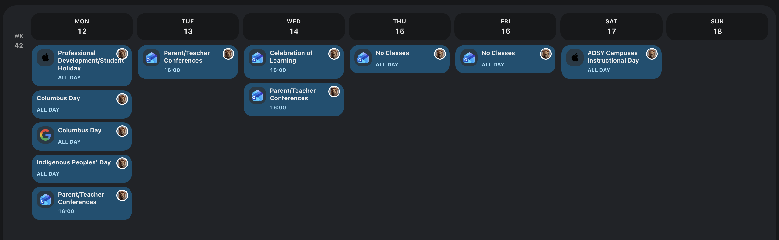 Approved school events in Kinmory's shared family calendar