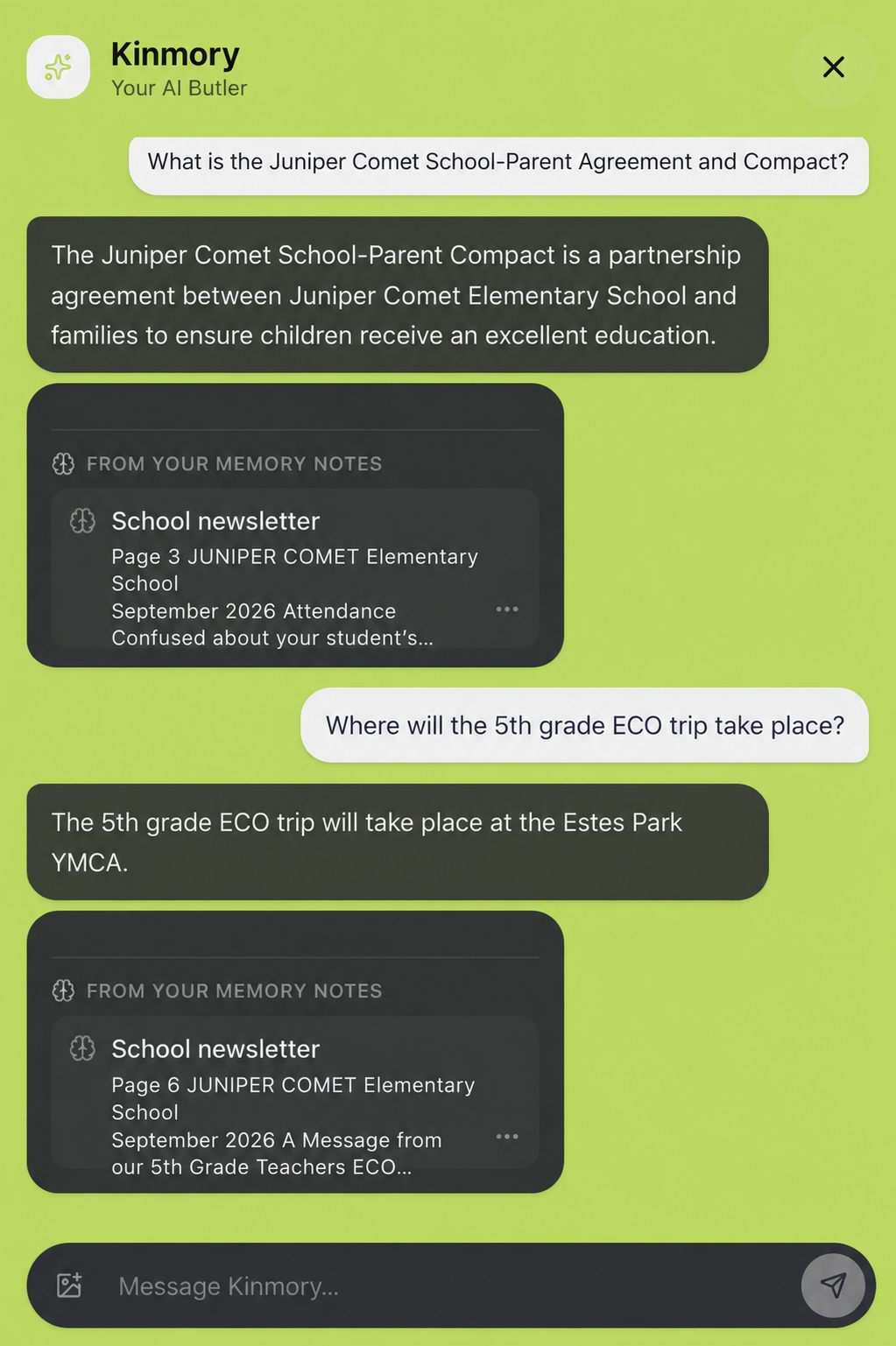 Kinmory answering where a fictional school's fifth-grade ECO trip will take place and showing the supporting Newsletter source card